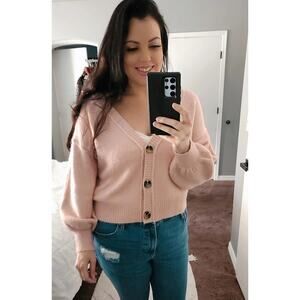 Topshop Pink Bishop Sleeve Cropped Cardigan Sweater